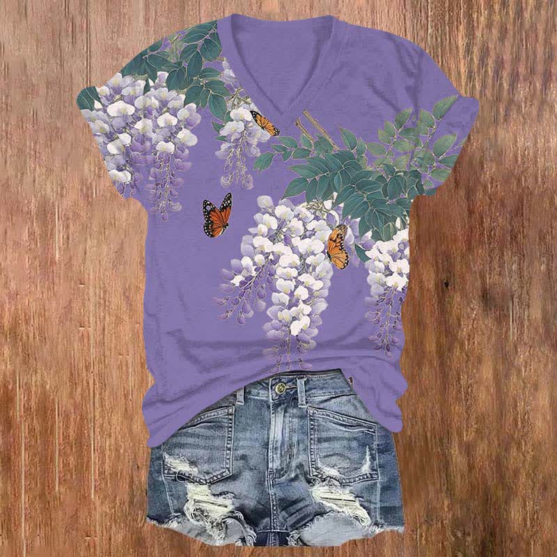 Japanese Watercolor  Lavender Blossom Art Print V-neck T-shirt - Purple - US32-34(5XL) - image 4