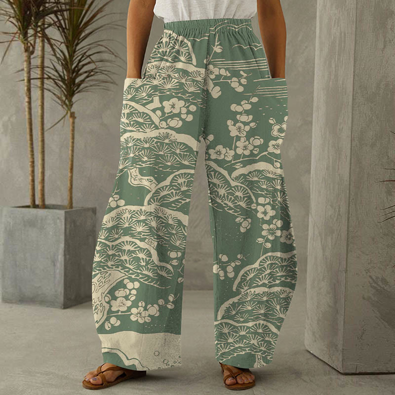 Women's Japanese Art Plum Blossom Print Casual Pants