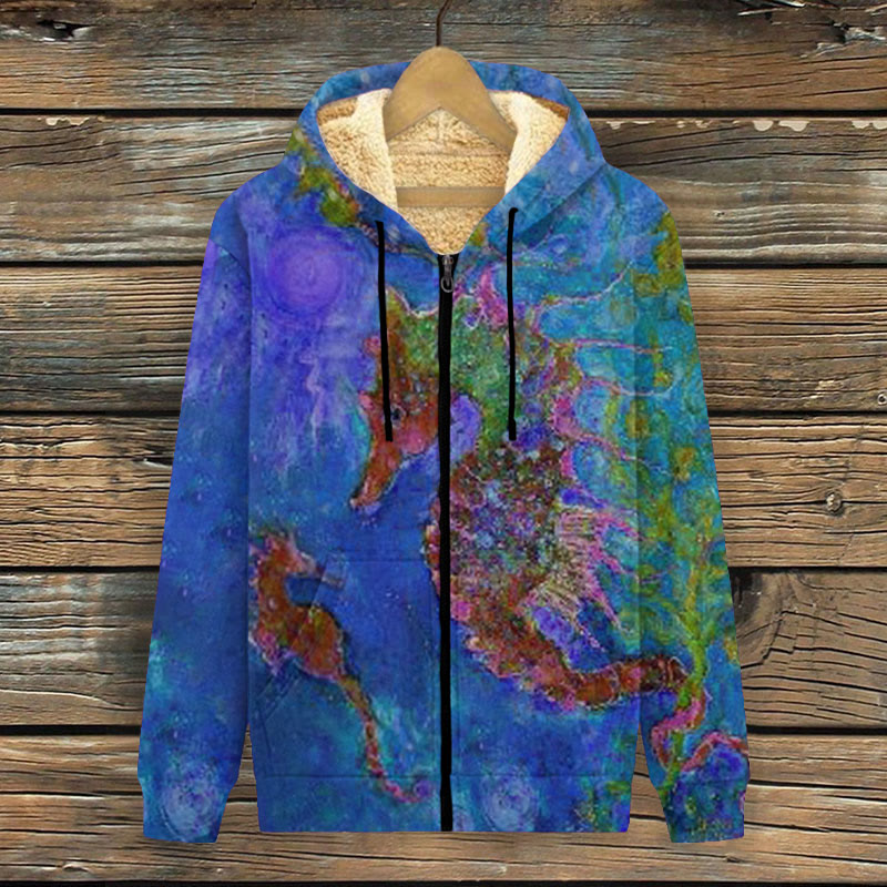 Contrast Color Seahorse Oil Painting Print Fleece Jacket - Blue - 4XL - image 4