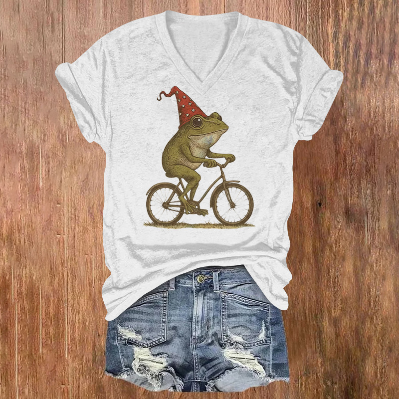 A Whimsical Frog Wearing A Hat Rides A Bicycle Printed Short Sleeved V-neck T-shirt - Light Gray - US32-34(5XL) - image 1