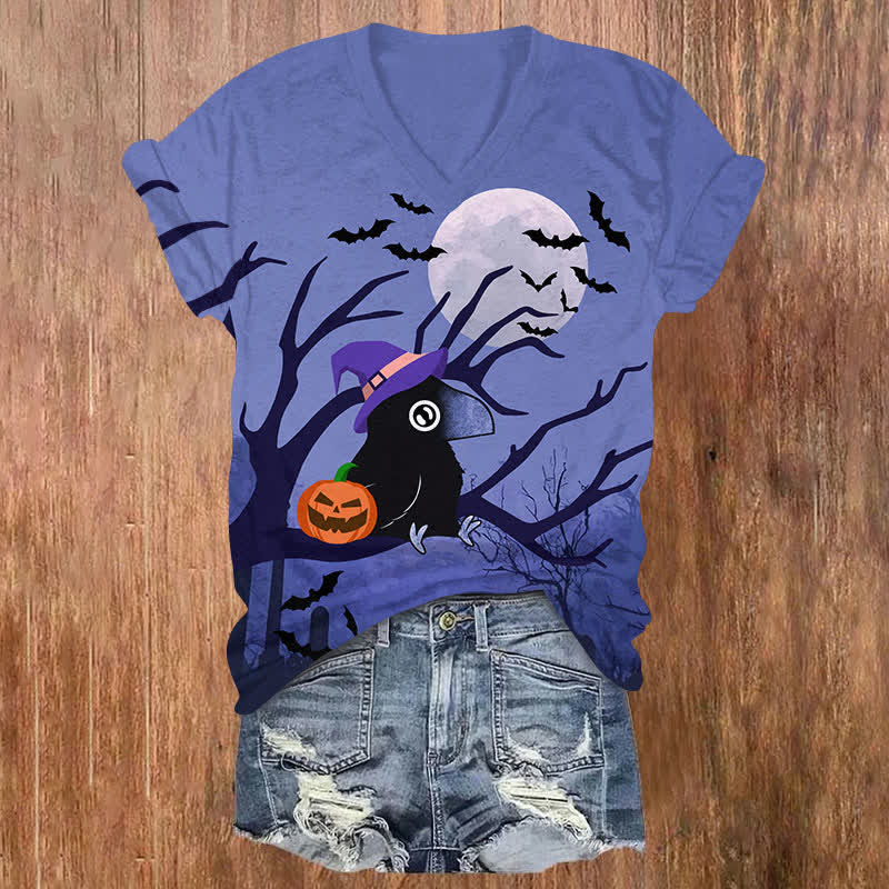  Halloween Lovely Wizard Raven Art Print V-neck T-shirt - Blue - US32-34(5XL) - image 2
