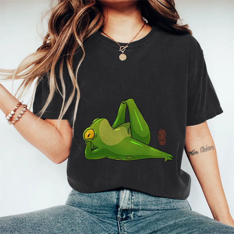 100% Cotton Frog Doing Yoga Art Print Casual T-shirt - Black - 2XL - image 4