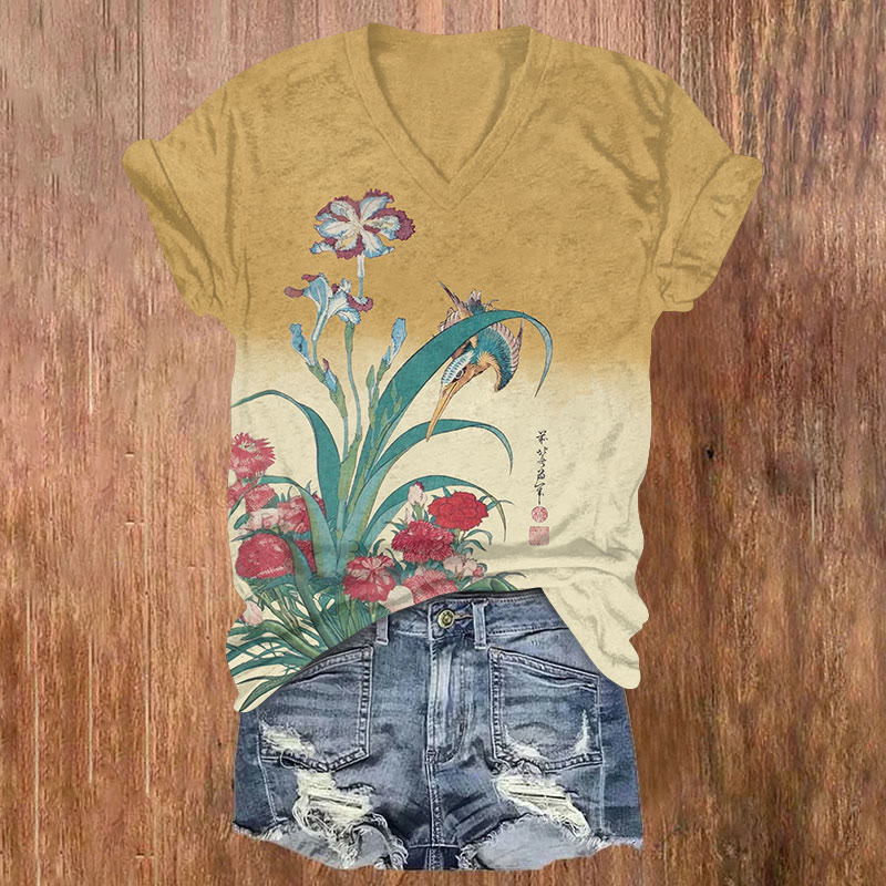 Colorblock Floral With Bird Print V-neck T-shirt - Yellow - US32-34(5XL) - image 2