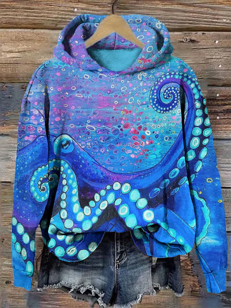 Plus Size Galaxy Octopus Print Hoodie With Pocket In PURPLE