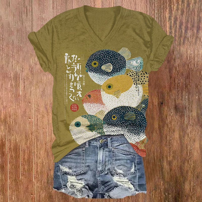 Japanese Puffer Fish Print Short Sleeved V-neck T-shirt - Olive Green - US32-34(5XL) - image 1