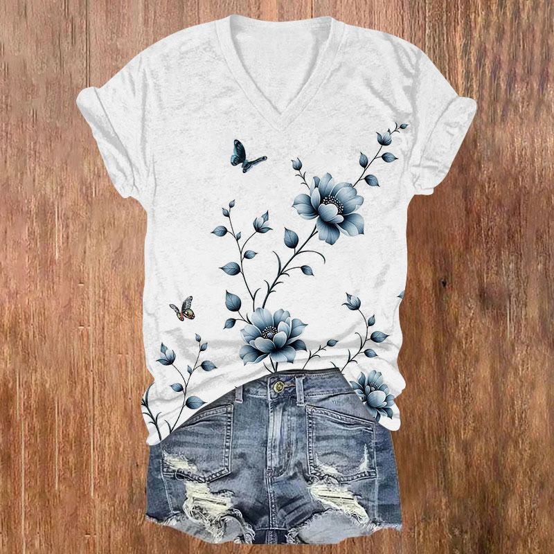 Vintage Blue Chrysanthemum & Butterfly Art Print V-neck T-shirt - White - US32-34(5XL) - image 2