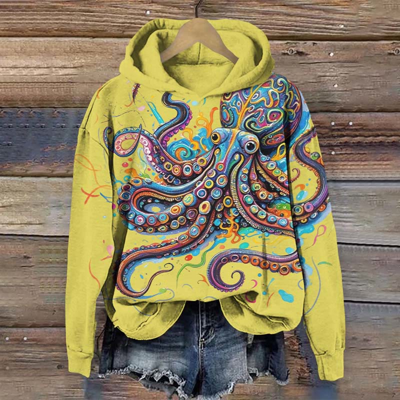 Vintage Rainbow Octopus Art Print Long Sleeve Hoodie - Yellow - US44-46(8XL) - image 5