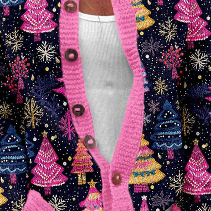 Women's Fantasy Christmas Tree Night Art Print Buttoned Cardigan Sweater - image 3