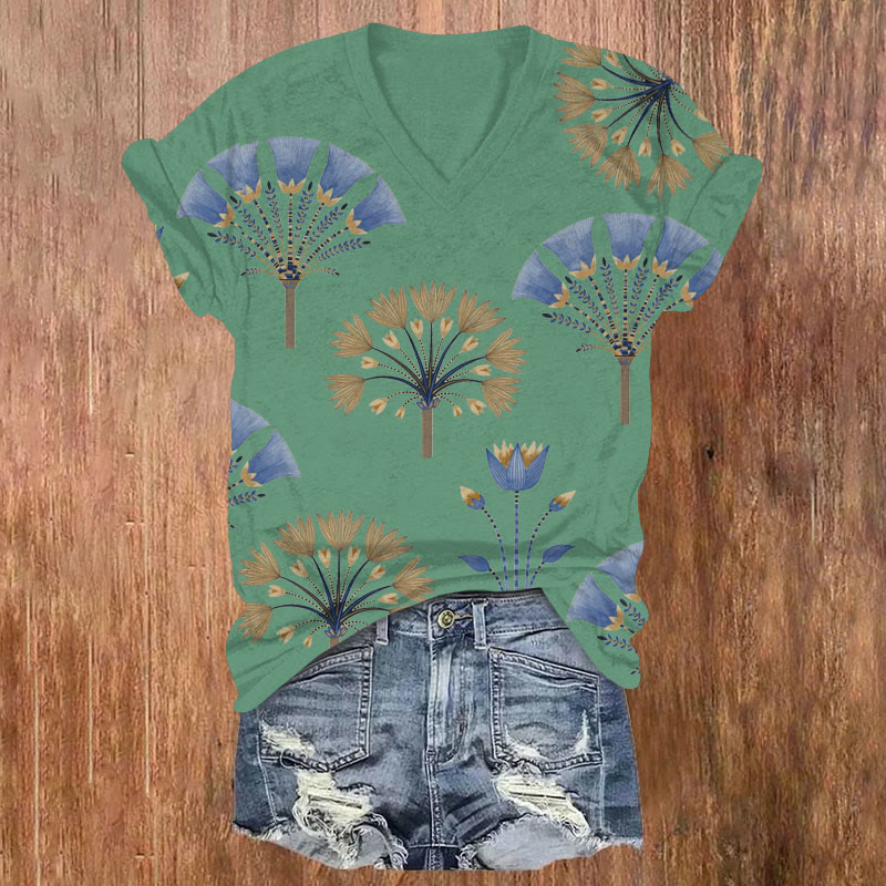 Mystical Ethnic Bouquet Art Print V-neck T-shirt - Green - US32-34(5XL) - image 2