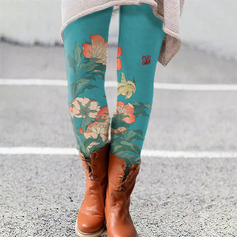 Japense Vintage Wise Floral Print Leggings - Lake Blue - 5XL - image 3