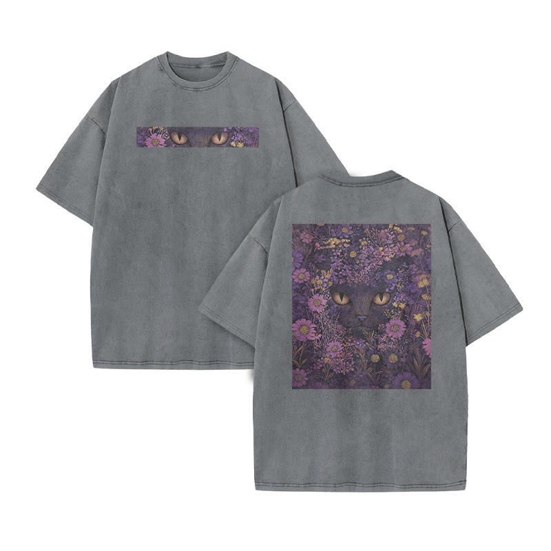 A Black Cat In A Field Of Purple Flowers Print Acid Washed T-shirt - Grey - US20-22(3XL) - image 5