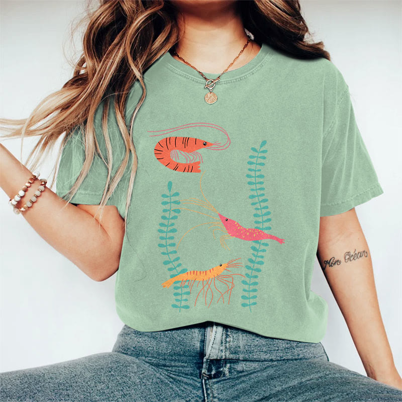 100% Cotton Women's Japanese Creative Colored Shrimps Art Print Casual T-shirt - Green - 2XL - image 6