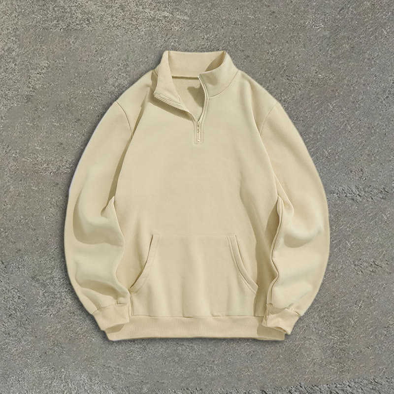 100% Cotton Solid Color Stand Collar Zipper Casual Fleece Sweatshirt - image 1