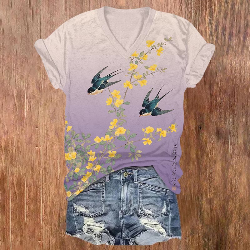 Japanese Spring Swallow & Floral Art Print V-neck T-shirt - Purple - US32-34(5XL) - image 3
