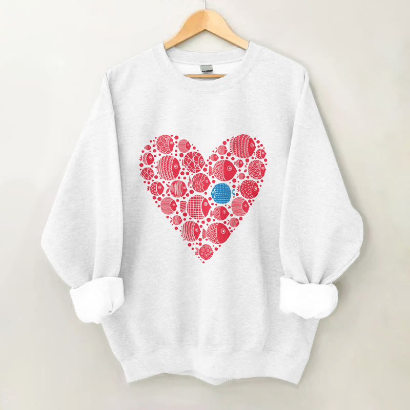 100% Cotton Valentine Fish Hearts Print Crew Neck Sweatshirt - White - 2XL - image 5