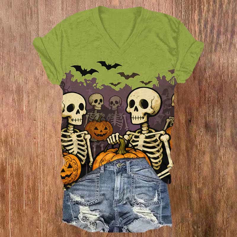 Halloween Skeleton Man Holding Pumpkin Print V-neck T-shirt - Green - US32-34(5XL) - image 4