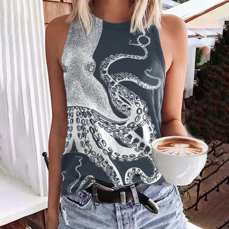 Japanese Art Octopus Graphic Print Crew Neck Tank Top - Navy Blue - 5XL - image 2