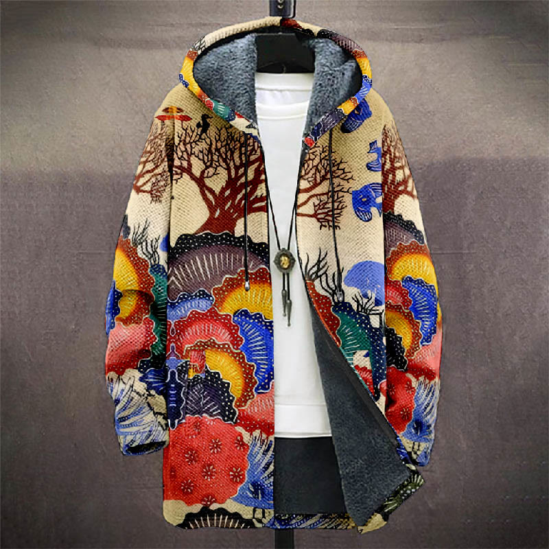 Colorful Fan-shape Pattern Tree Print Unisex Plush Thick Long-sleeved Fleece Jacket Coat - image 2