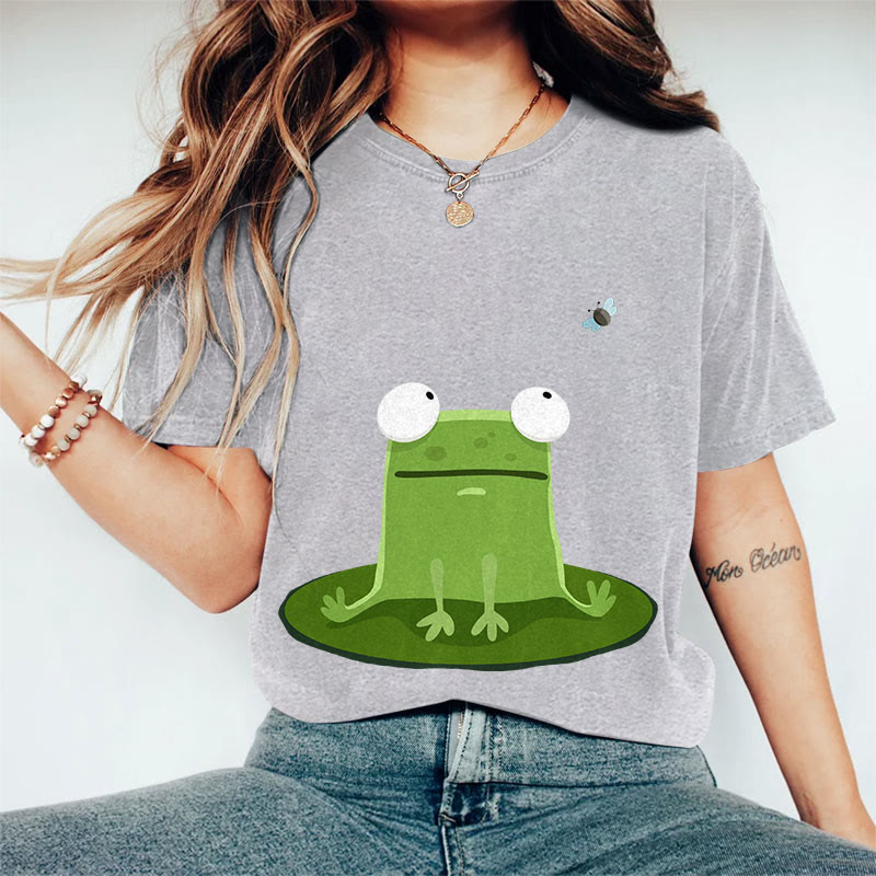 100% Cotton Women's Funny Frog On A Lily Pad Art Print Casual T-shirt - Grey - 2XL - image 5
