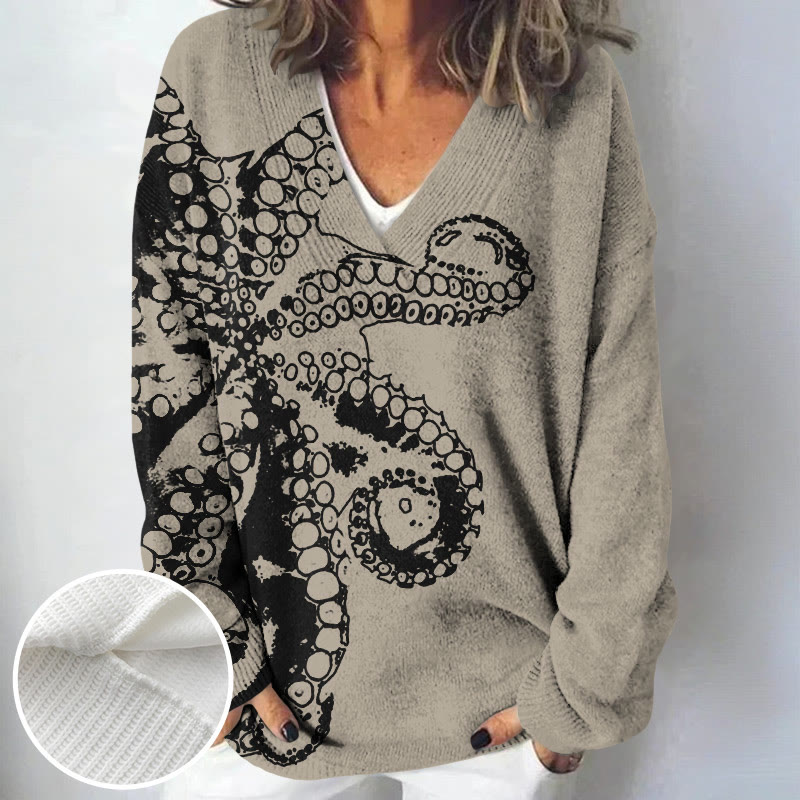 Women's Octopus Asymmetric Print Causal V-neck Pullover Sweater - Khaki - 4XL - image 3