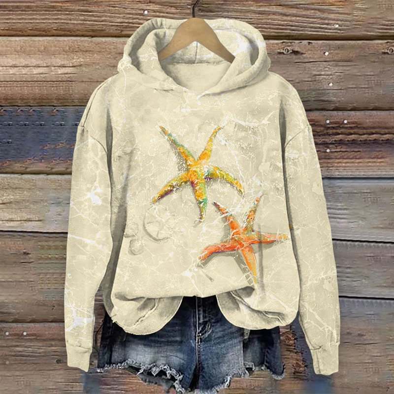 Vintage Cute Starfish Art Print Long Sleeve Hoodie - Khaki - US44-46(8XL) - image 2