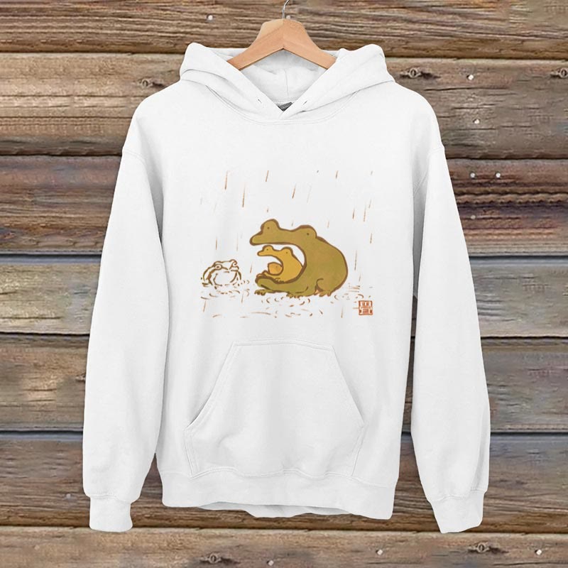 100% Cotton Japanese Cute Rain Frog Print Casual Hoodie