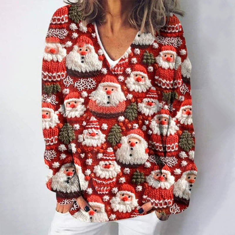 Lovely Christmas Santa Art Print Causal V-neck Pullover Sweater - image 2