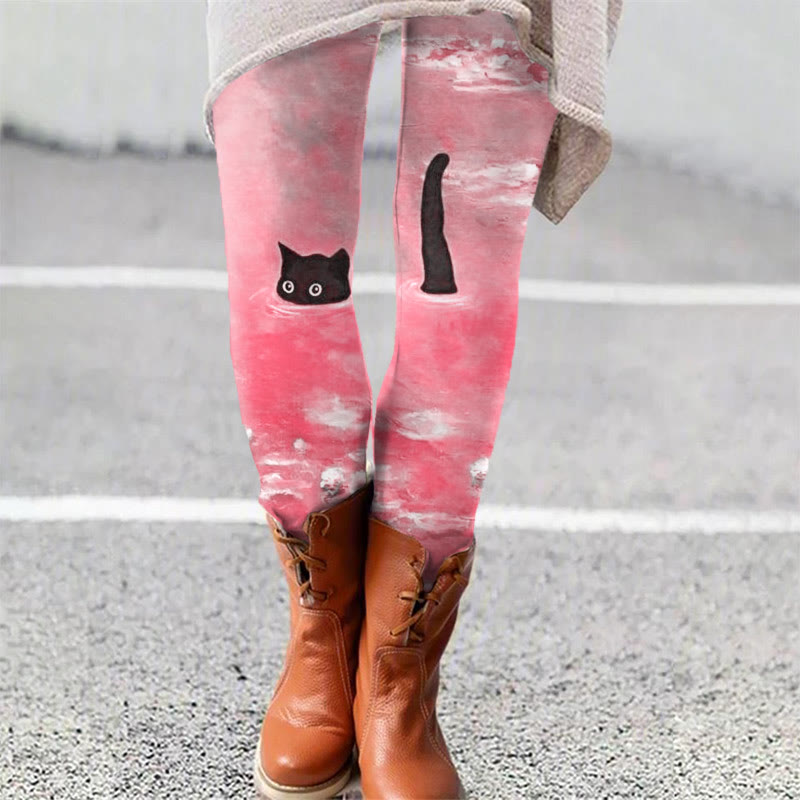 Women's Oil Painting Cat Print Leggings - Pink - 5XL - image 4