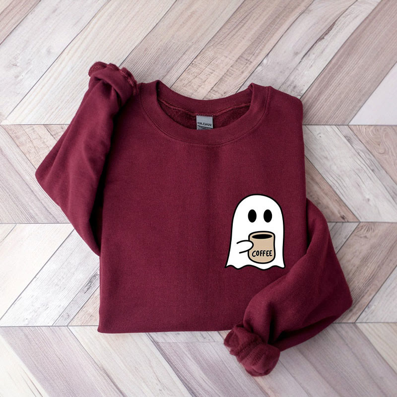 Plus Size Cute Ghost Coffee Sweatshirt Women Ghost Sweatshirt Ghost Season - Wine - 5XL - image 3