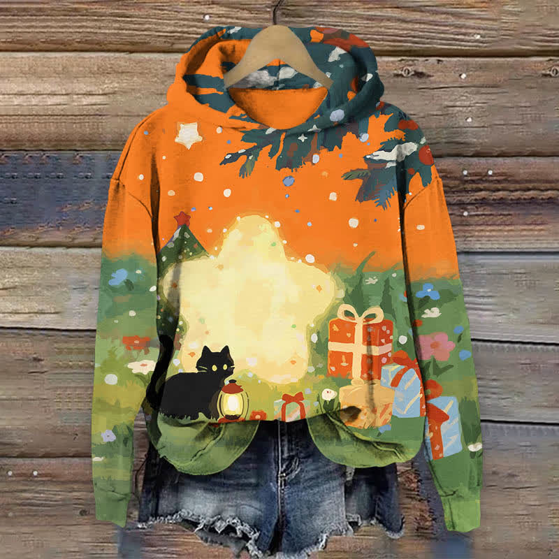 Oil Painting Black Cat Starry Christmas Gift Art Print Long Sleeve Hoodie - Orange - US44-46(8XL) - image 3