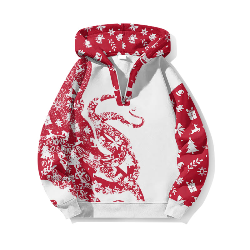 Christmas Reindeer Pattern Patchwork Japanese Art Octopus Print Half Zip Hoodie - White - US32-34(5XL) - image 3