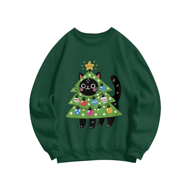 100% Cotton Funny Christmas Tree Cat Print Crew Neck Sweatshirt - Green - US16-18(2XL) - image 2