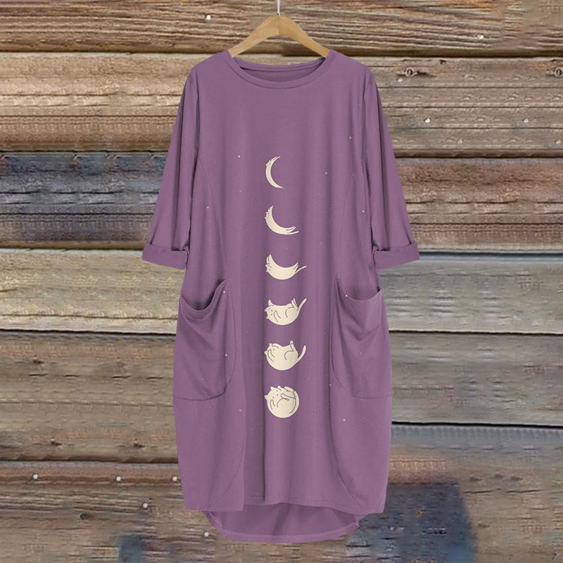 Lunar Eclipse Cat Print Crew Neck Dress - Purple - 8XL - image 4
