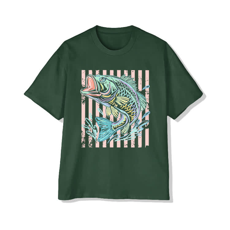 Unisex Vintage Bass Fish Pattern Cotton Print T-Shirt - Green - US20-22(3XL) - image 7
