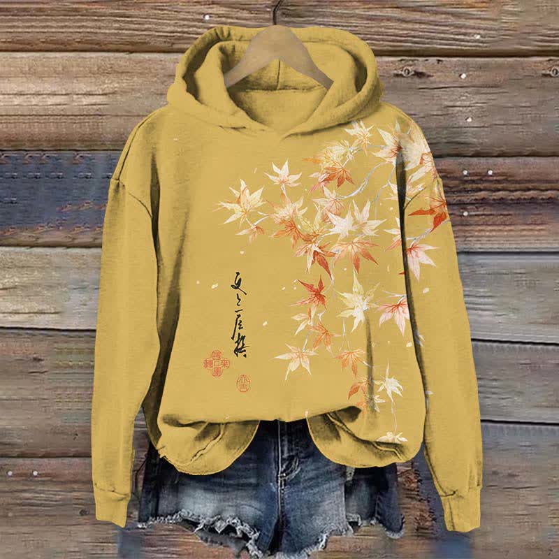 Japanese Watercolor Maple Leaf In Fall Art Print Long Sleeve Hoodie - Yellow - US44-46(8XL) - image 3