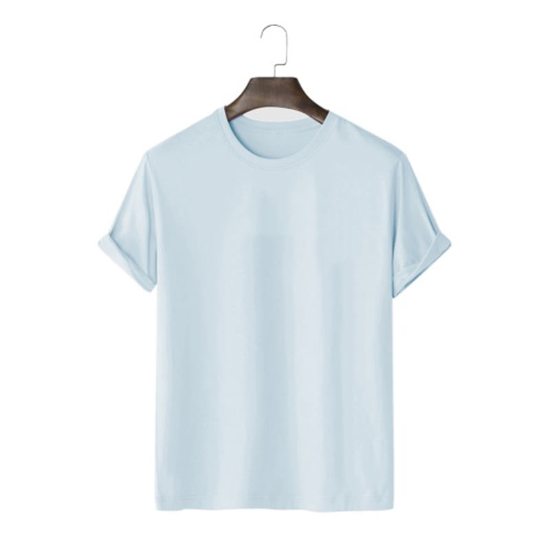 100% Cotton Solid Color Round Neck Casual Short Sleeves T-shirt - Sky Blue - 2XL - image 8
