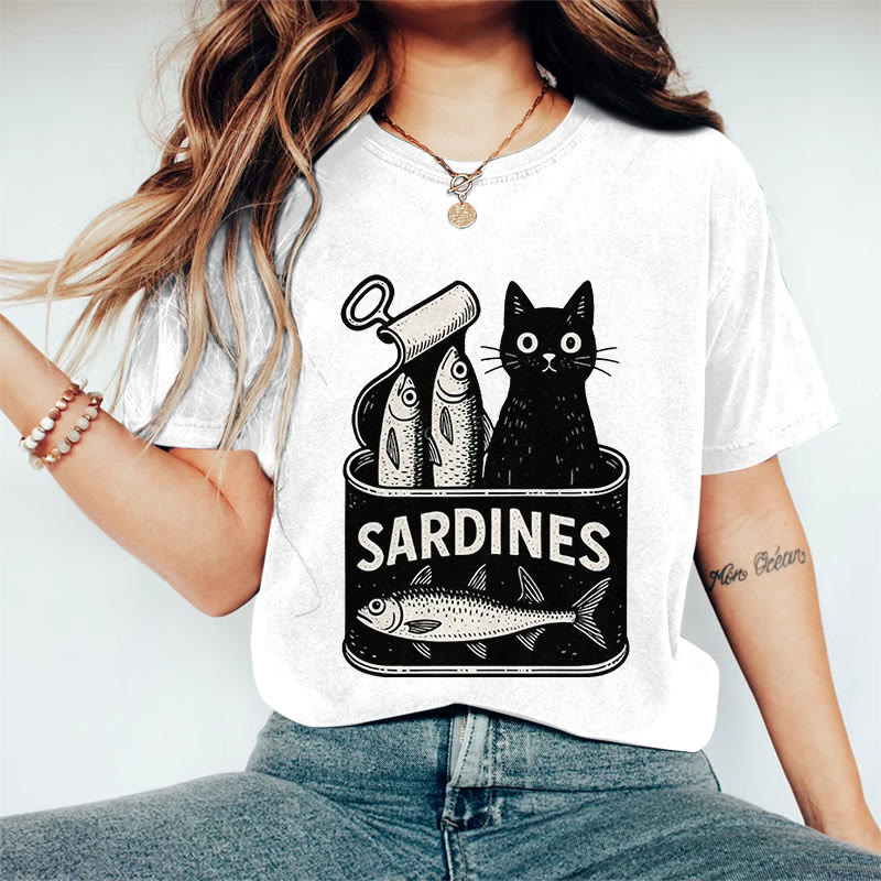100% Cotton Women's Lovely Canned Sardines & Black Cat Art Print Casual T-shirt - White - 2XL - image 3