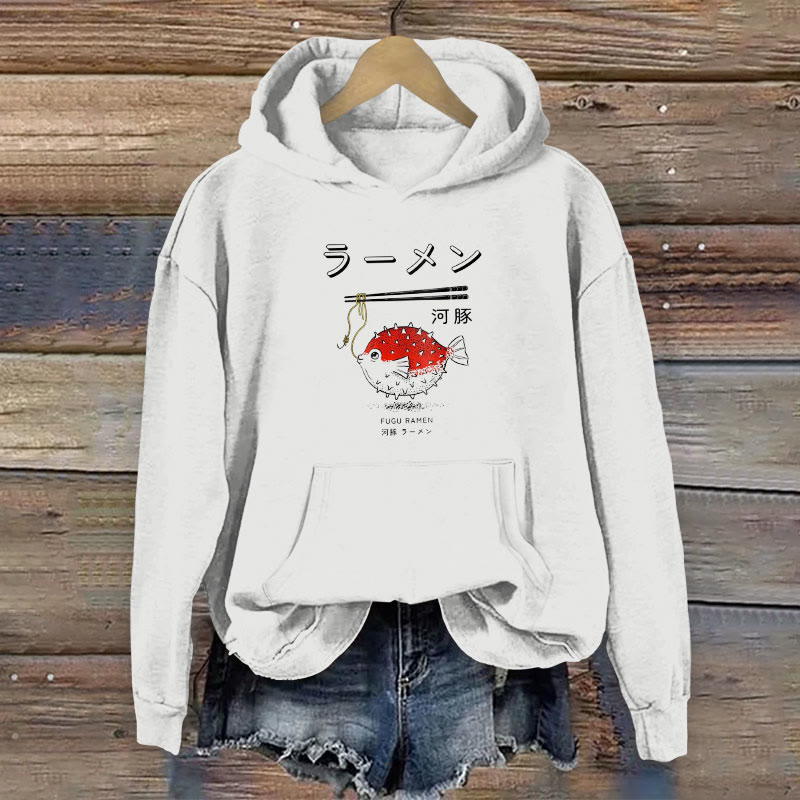100% Cotton Cute Japanese Fugu Fish Ramen Print Women's Hoodie - White - 2XL - image 3