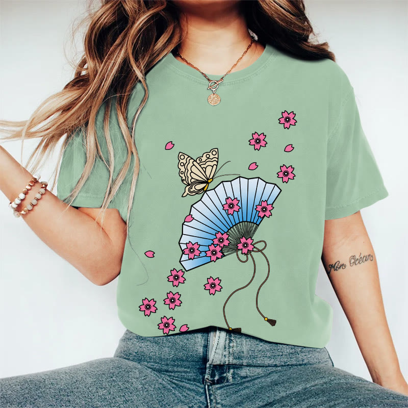 100% Cotton Women's Japanese Style Butterfly Floral Fan Art Print Casual T-shirt - Green - 2XL - image 2