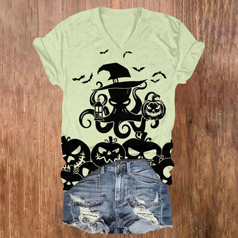 Halloween Creative Octopus Holding Jack-o'-lantern Art Print V-neck T-shirt - Green - US32-34(5XL) - image 3