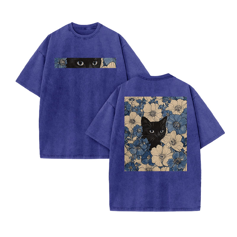 Floral & Black Cat Print Acid Washed T-shirt - Blue - US20-22(3XL) - image 9