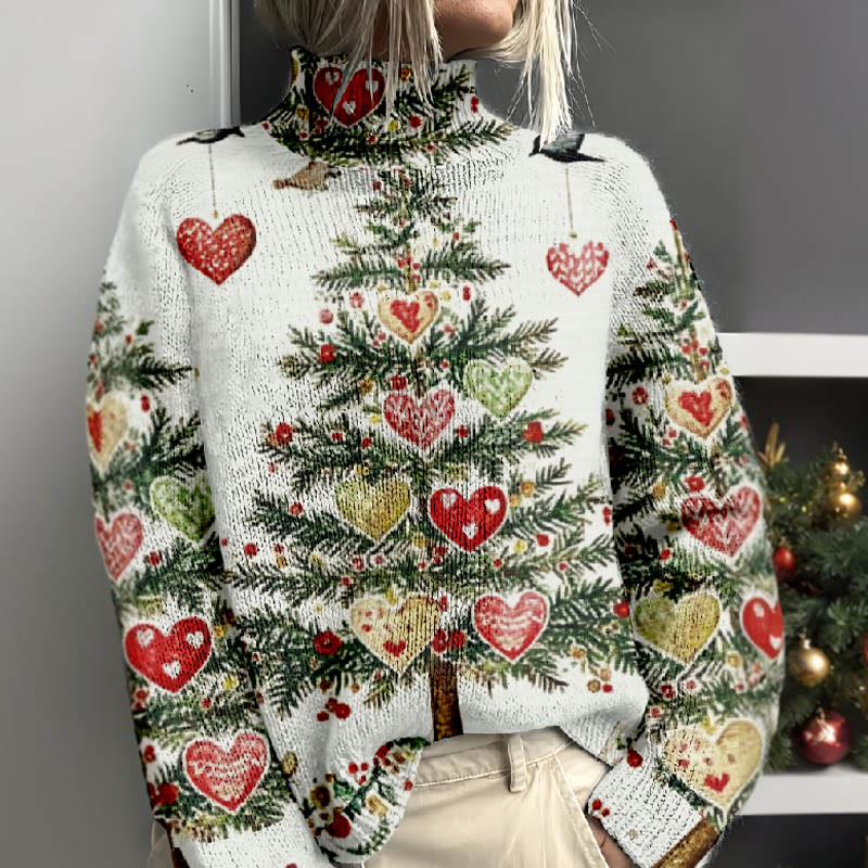 Women's Lovely Heart Shaped Christmas Tree Print Turtleneck Pullover Sweater - image 2