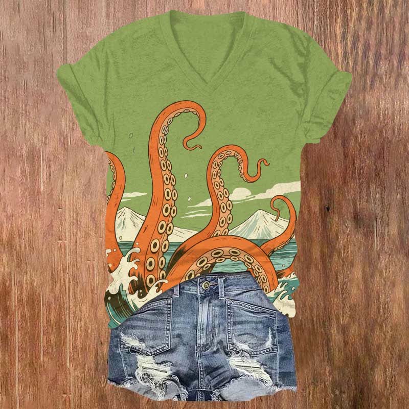 Japanese Cartoon Ocean Octopus Tentacles Art Print V-neck T-shirt - Green - US32-34(5XL) - image 3