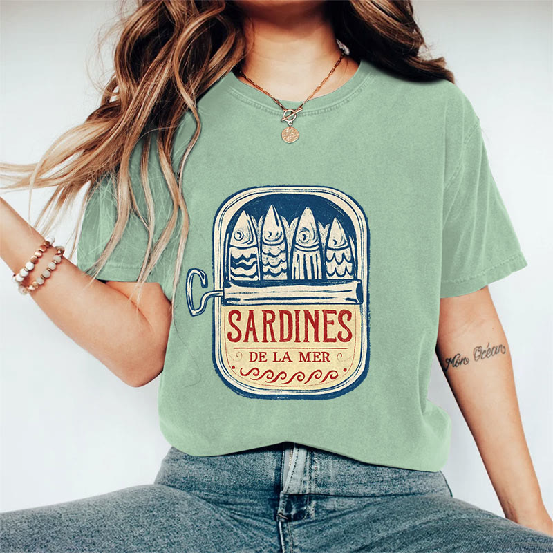 100% Cotton Women's Japanese Canned Sardines Art Print Casual T-shirt - Green - 2XL - image 6