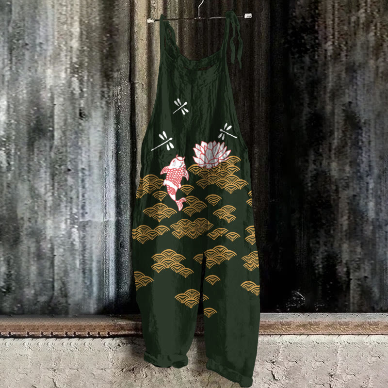 Japanese Style Koi Fish Dragonfly Wave Art Print Casual Jumpsuit  - Dark Green - 5XL - image 6