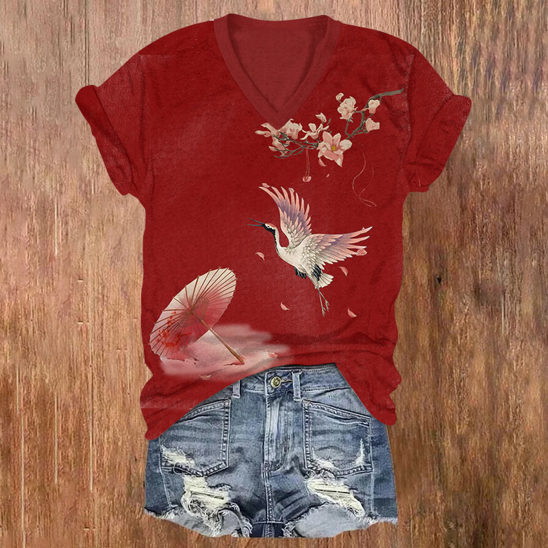 Japanese Flying Crane & Sakura Umbrella Art T-shirt - Red - US32-34(5XL) - image 3