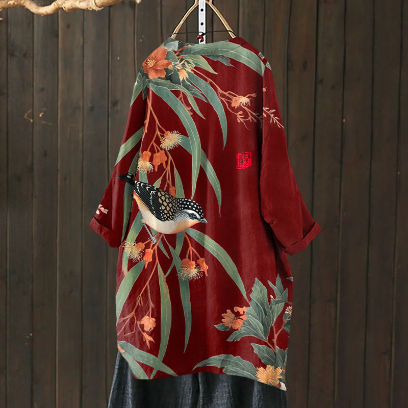 Japanese Vintage Little Bird Pattern Print Cardigan - Red - US 30-32 (6XL) - image 5