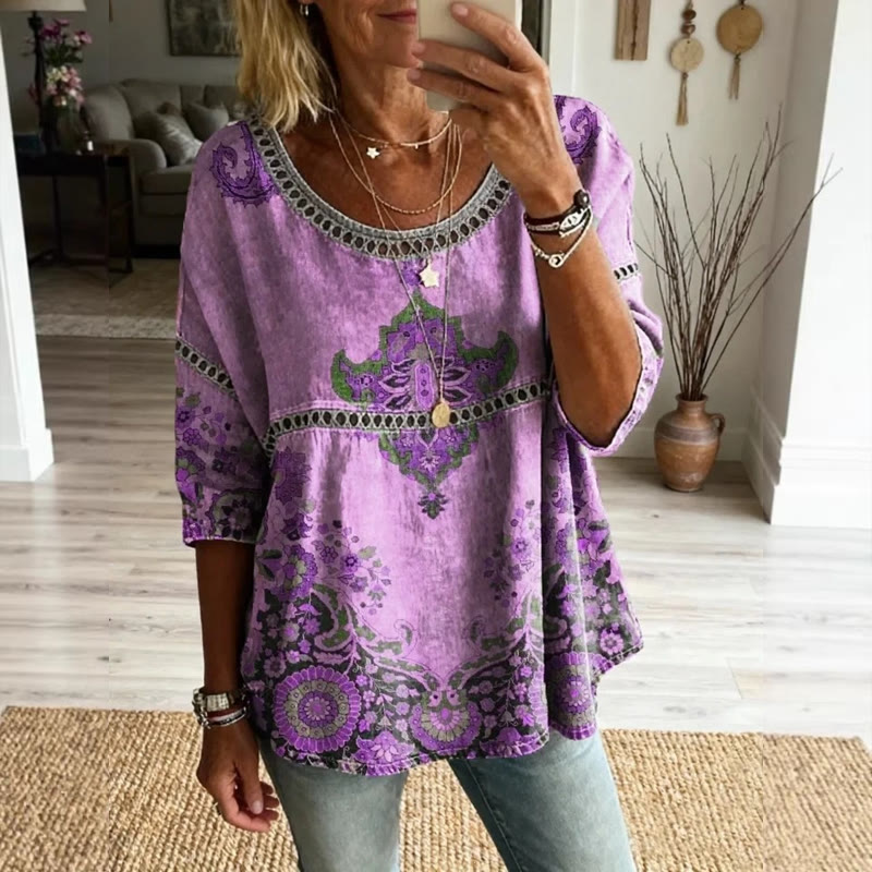 Boho Ethnic Totem Print Openwork Lace Splicing Round Neck Half Sleeve Blouse - Purple - 4XL - image 7