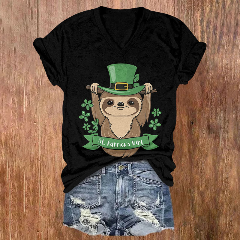 St. Patrick's Day Cute Sloth Print Short Sleeved V-Neck T-Shirt - Black - US32-34(5XL) - image 3