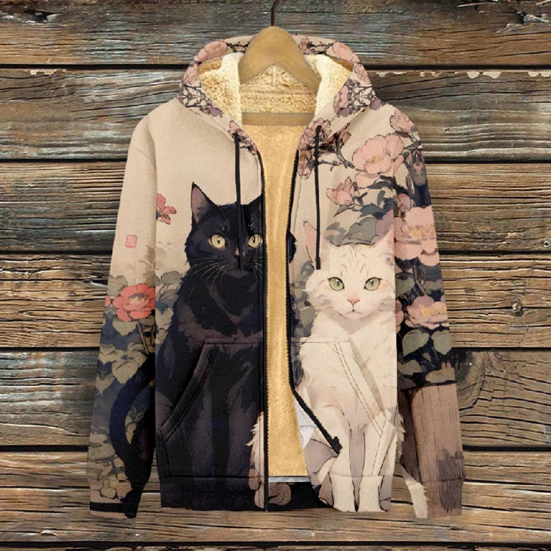 Women's Japanese Sakura Blossom Black ＆ White Cat Print Fleece Jacket - image 3